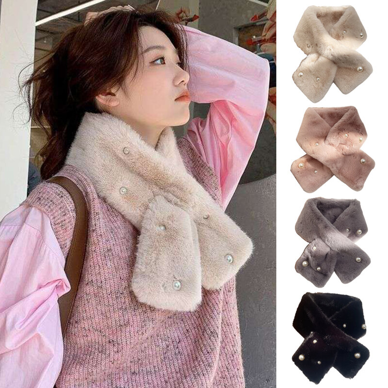 Korean Women Gentle Pearl Faux Rabbit Fur Collar Cross Plush Scarf Female New Winter Outdoor Thicken Neck Protection Warm Shawl