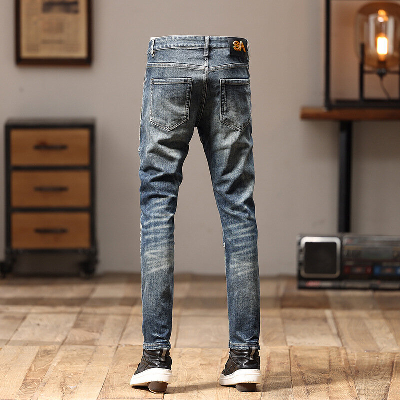 Bestickte Jeans Herren Nähte Patchwork trend ige Retro Slim Fit leichte Straight-Leg Persönlichkeit Street Motorrad Hose