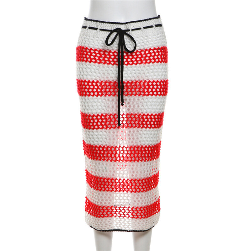 Женская трикотажная пляжная юбка средней длины, летняя разноцветная юбка в полоску в стиле пэчворк на шнуровке, с вырезами, яркая Клубная одежда для отдыха