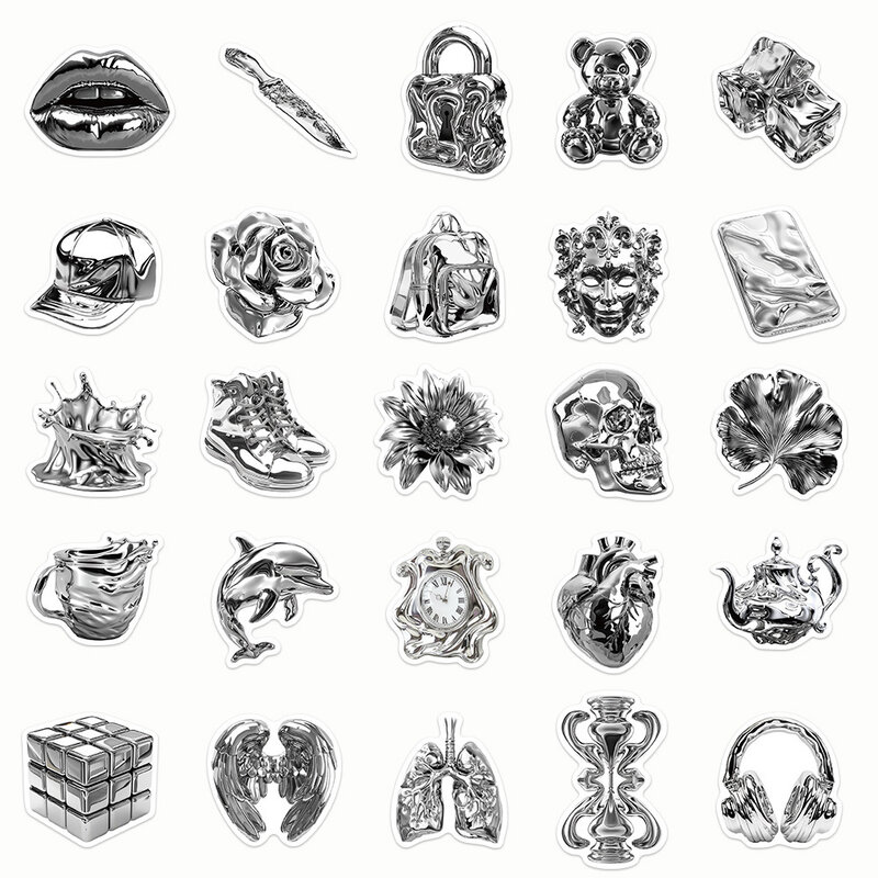 10/30/50pcs INS Retro Silver Art Style Stickers Aesthetic Graffiti Decals Decoration DIY Phone Case Water Bottle Suitcase Decals