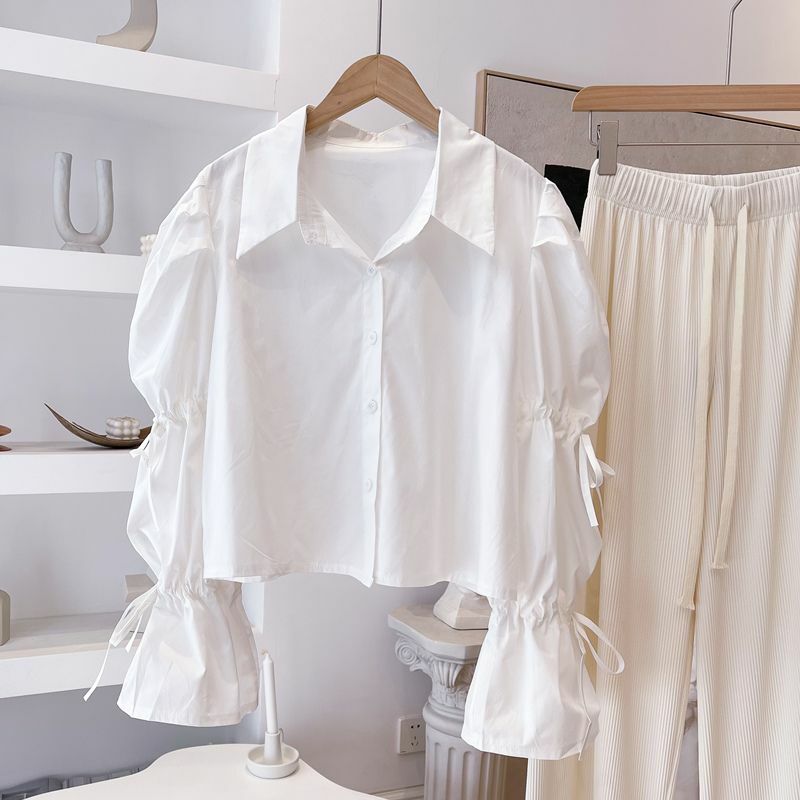 قميص بأكمام منفوخة للنساء ، قميص أبيض ، تصميم صغير ، قميص قصير ، توب ، جديد ،