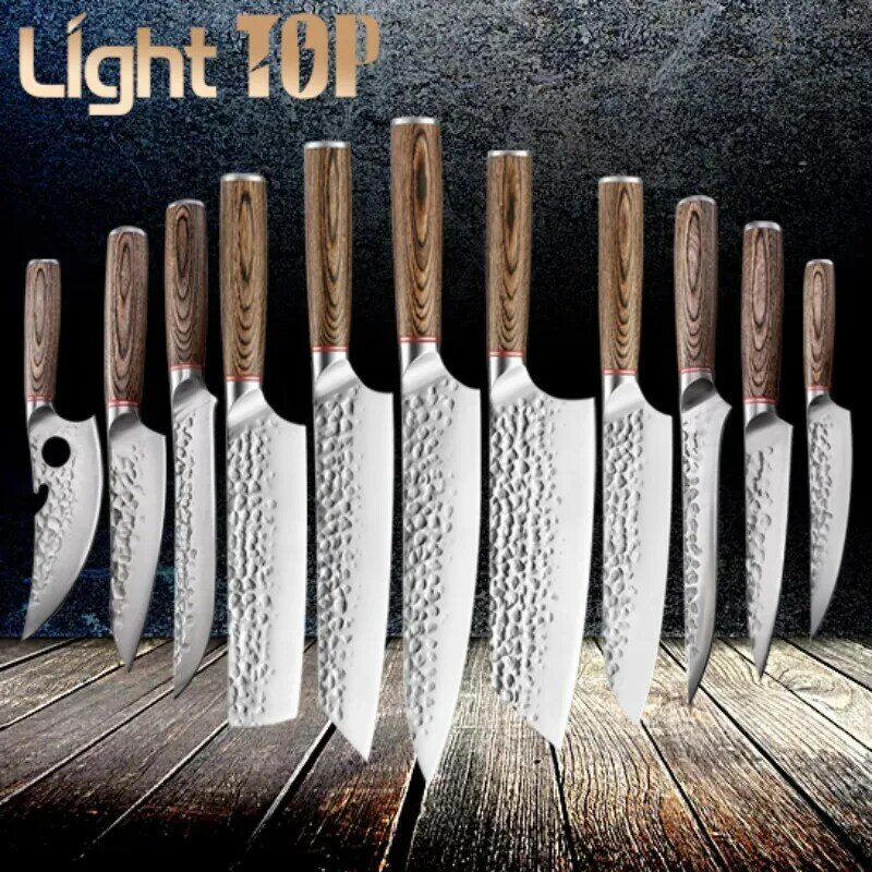 Pisau koki Jepang 11 Set, peralatan dapur pisau koki pengupas buah gagang kayu berwarna pisau pemotong daging