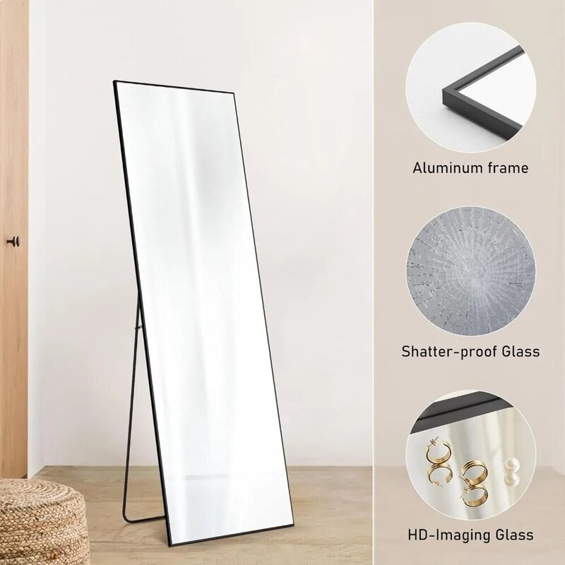 Полноразмерное зеркало с подставкой, 64 х21 дюйма, черное, с подвесной или наклонной стеной, алюминиевая тонкая рама, напольная стойка для гостиной