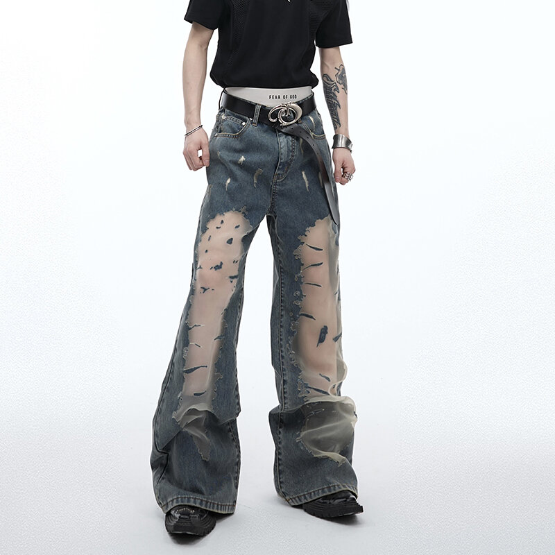 Fewq Herren Mesh gespleißte Jeans ausgehöhlt allmählich Nische Design Flare Hosen Denim Patchwork männlich Sommer neuen Modetrend 24 y165