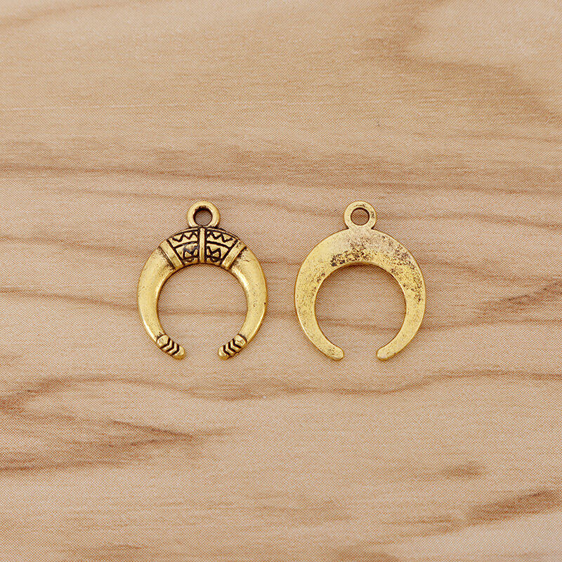 Colgantes de doble cuerno y luna creciente, cuentas de Color dorado antiguo, accesorios para la fabricación de joyas, 19x15mm, 50 unidades
