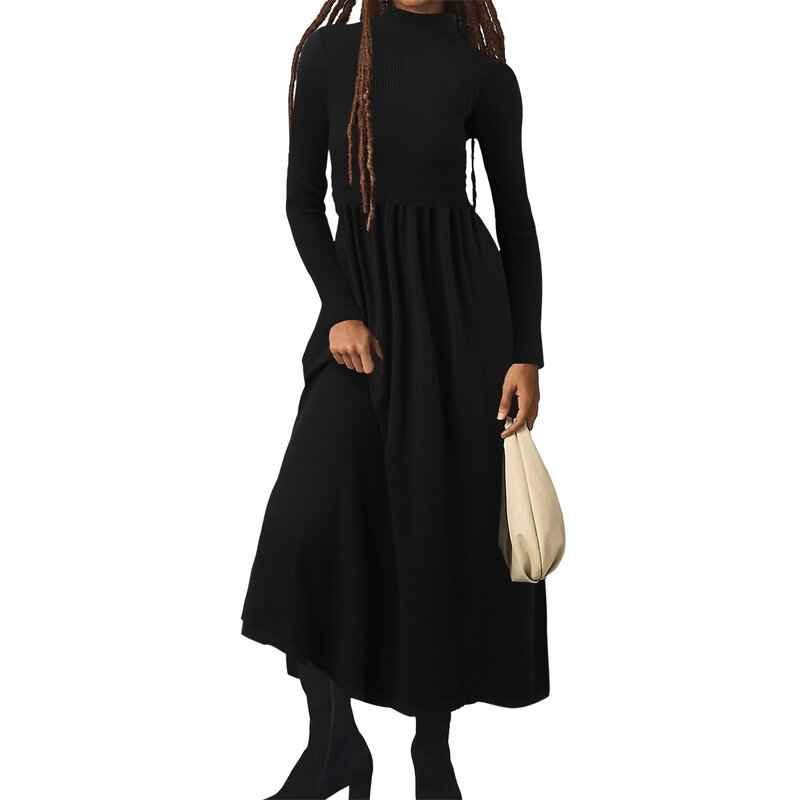 Gaun hitam untuk wanita gaun Sweater A-Line warna Solid Vintage untuk wanita 2024 gaun musim dingin elegan Clubwear trendi Vestidos