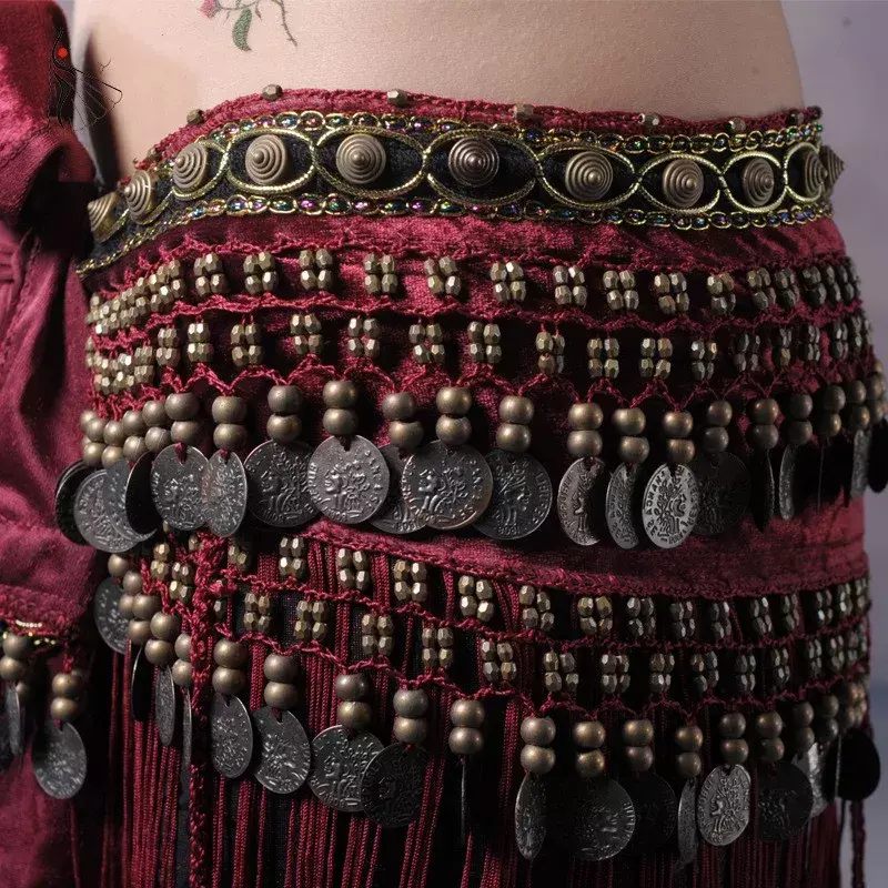 Damskie plemienne chusty do tańca brzucha biodra pasy z łańcuchem w pasie w spódnica wiązana z frędzlami flanelowe monety Vintage Boho Show