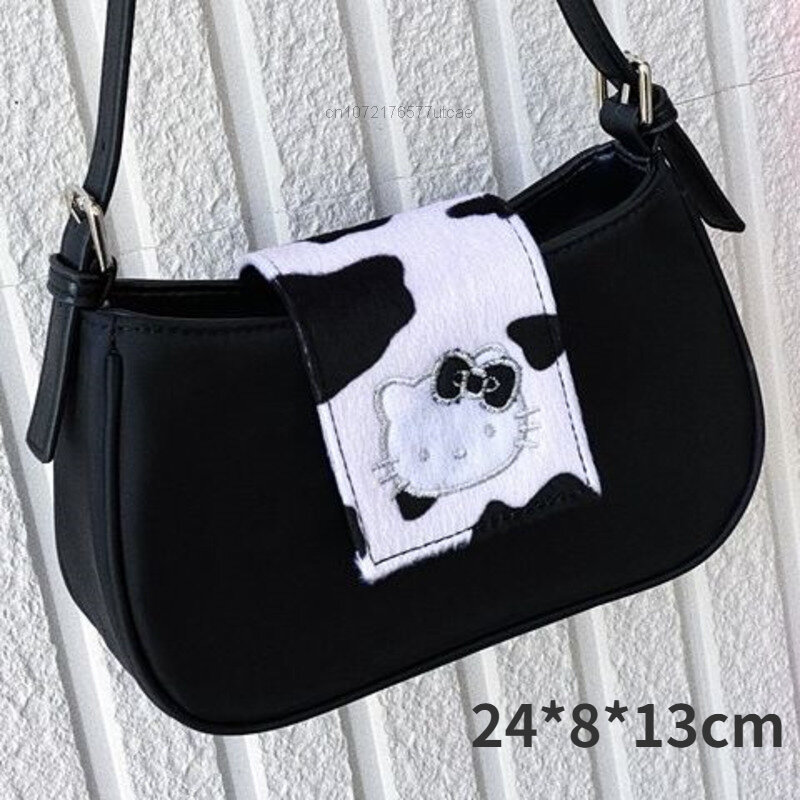 Sanrio Hello Kitty Baguette Bag Cartoon Cow Pattern ascella Bag Vintage Sweet Trendy Woman Single Shoulder Bags Harajuku Handbags