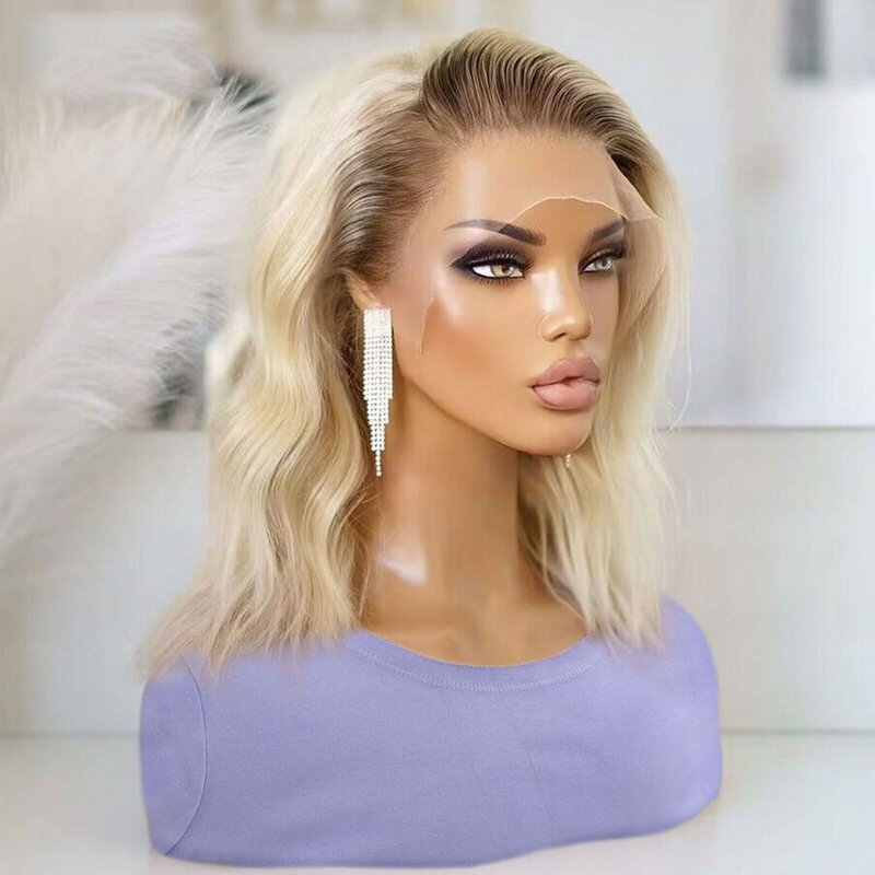 Synthetic Wig Ombre Short Wavy Blonde Lace Front Bob Wigs For Women Cosplay Colored Wig 150% Density Glueless