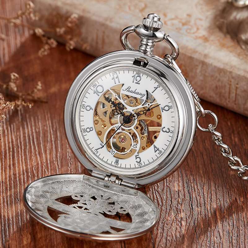 Hand-WInd Mechanical Pocket Watch Vintage Hollow Blue Moon Star Steampunk Skeleton Watch Roman Numerals Clock With Fob Chain