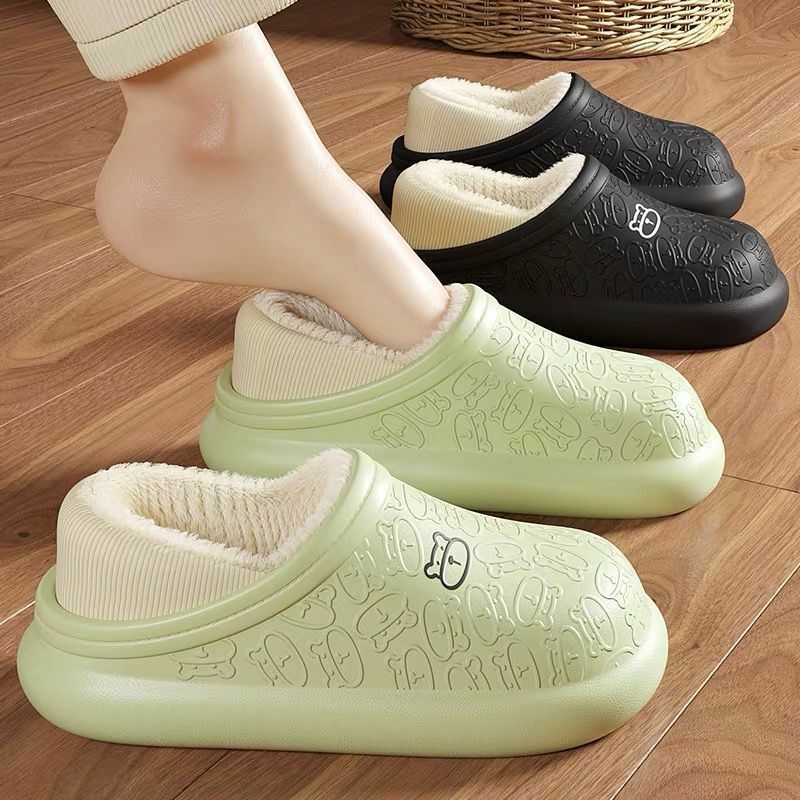 Waterproof Non-slip Winter Warm Plush Slippers Women And Men Outdoor Cotton Slides Female Indoor Furry Slippers Couple Slippers