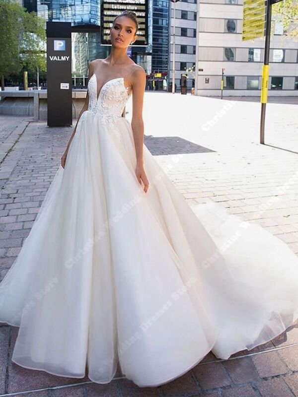 Gaun pernikahan Satin lengan Puff putih murni gaun pengantin A-line bahu terbuka seksi gaun pengantin gaya sederhana baru gaun Kereta
