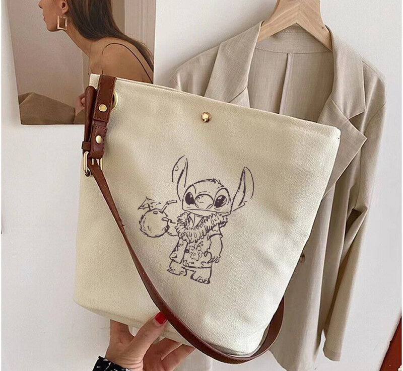 Disney Stitch Bucket Bag Frauen lässig Leinwand Umhängetasche Cartoon Lilo & Stitch niedlichen Beutel weibliche Mode Einkaufstasche