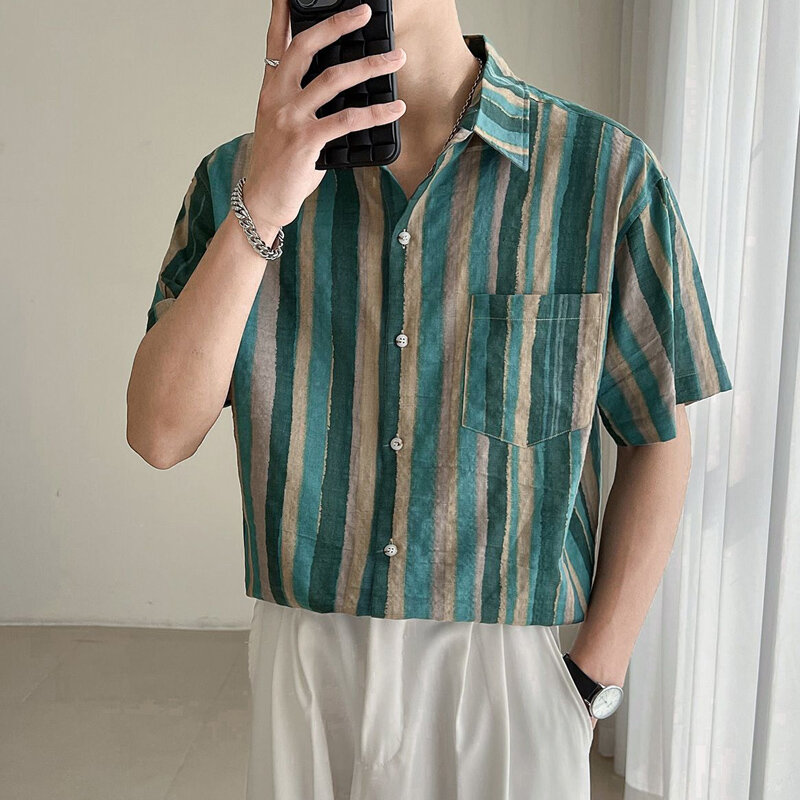 Summer New Turn-down Collar Fashion Short Sleeve Shirt Man High Street Casual Button Cardigan Striped Printing All-match Tops