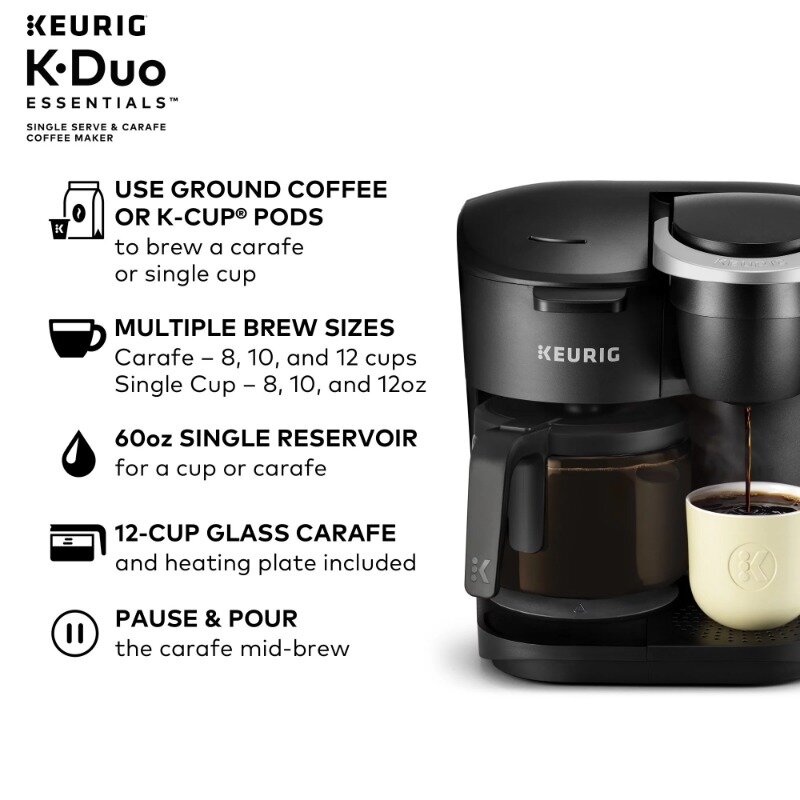 Keurig K-Duo Essentials Zwart Single-Service K-Cup Pod Koffiezetapparaat, (Zwart/Maanlichtgrijs) Optioneel