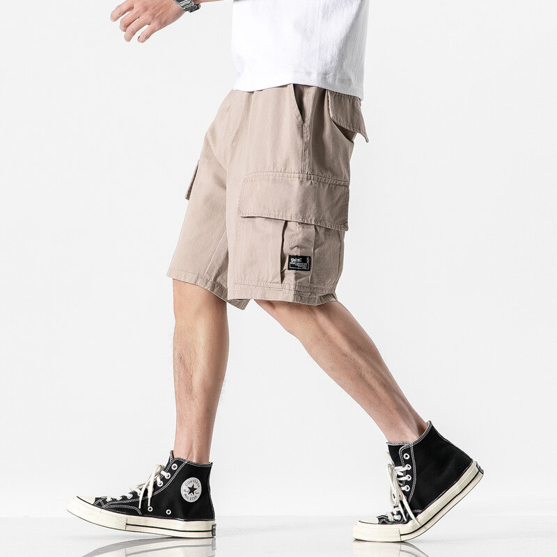 กางเกงขาสั้นผู้ชายสไตล์ญี่ปุ่น, กางเกง5จุดผ้าฝ้ายหลวมกระเป๋าใหญ่ลำลองสีพื้น