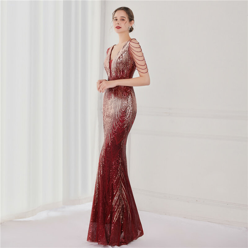 Women's V Neck Sequins Mermaid Gown Long Prom Evening  Party Dress