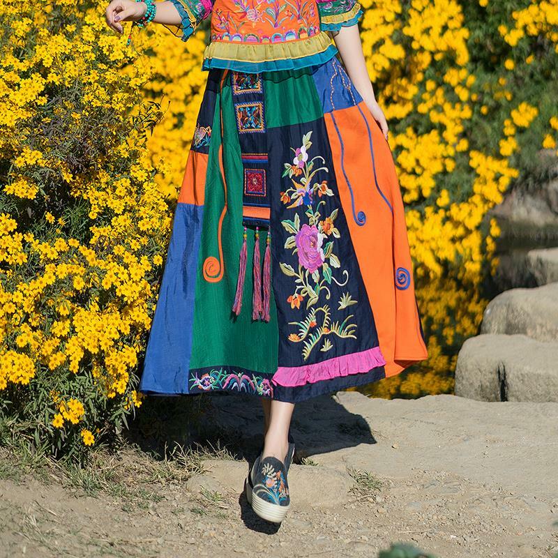 Jupe patchwork d'aviation florale nationale vintage pour femmes, costume de danse folklorique ethnique hanfu, jupe rétro orientale, 2023