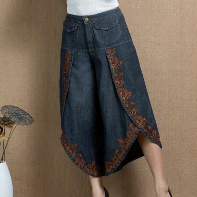 Джинсы женские с широкими штанинами, винтажные стильные Асимметричные свободные брюки с вышивкой в фольклорном стиле, с карманами, укороченные штаны с высокой талией, весна-лето