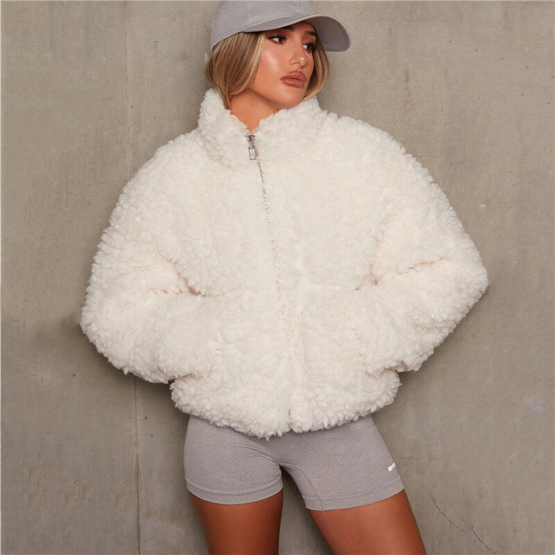 Cardigã de lã de cordeiro feminino, jaqueta curta, gola alta, casaco de manga comprida, nova moda, outono e inverno