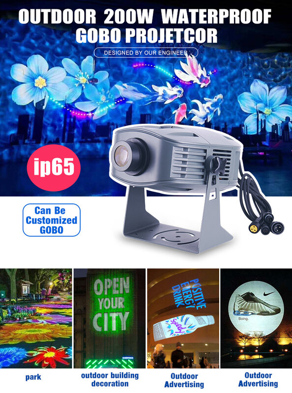 Impermeável LED Gobo Logo Projetor Imagem, Publicidade Luzes, Padrão IP66, ao ar livre, Festival, Adv, 200W