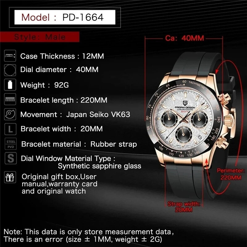 Oryginalny nowy projekt PAGANI PD-1664 luksusowe japońskie zegarki kwarcowe VK63 Movt Sapphire wodoodporny chronograf Gold Reloj Hombre