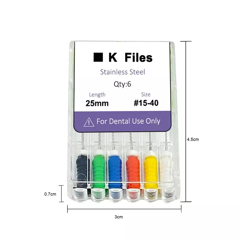 Limas K de acero inoxidable para uso manual Dental, herramientas de tratamiento de odontología, Canal radicular endodóntico, 21cm, 25mm, 6 unids/lote por paquete