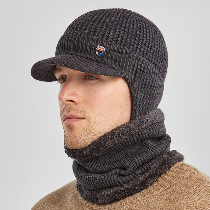 2Pcs Winter Hat Scarf Set Warm Neck Gaiter Balaclava Knit Beanie Visor Earflap