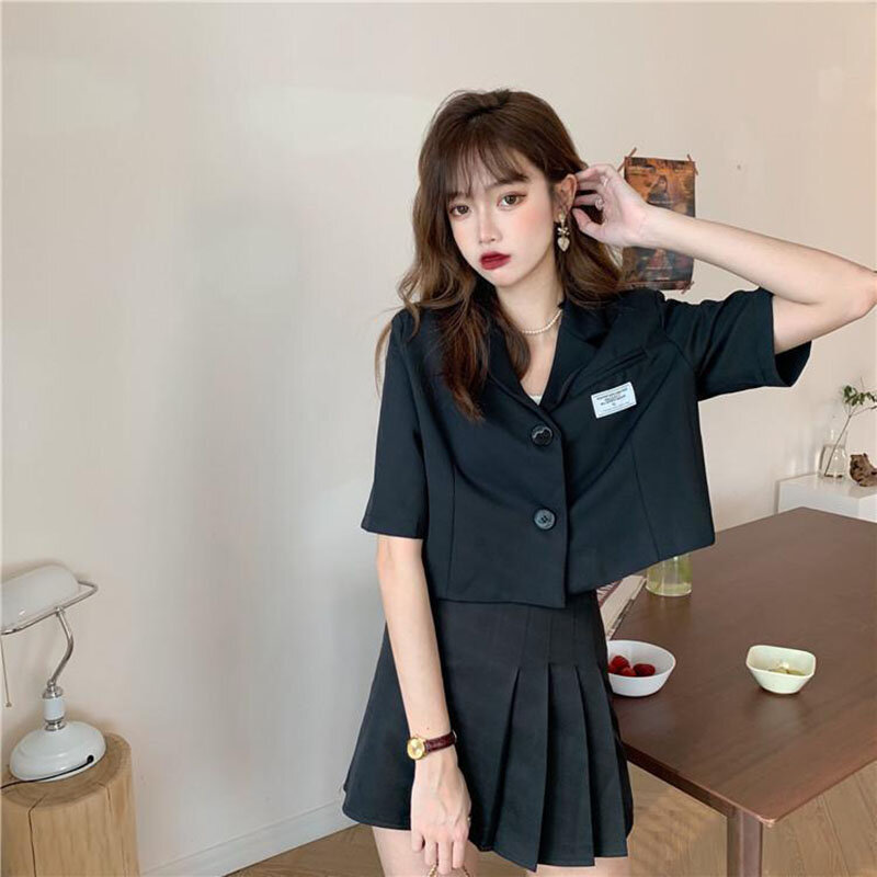 Summer Thin Short Sleeve Blazer Jacket Ladies New Solid Lapel Suit Crop Coat Women Casual Single-Breasted Cropped Outerwear