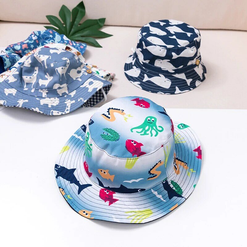 Children Bucket Hat New Spring Boys Girls Sun Hat Cute Cartoon Animal Whale Sea World Outdoor Summer Kids Hat Fishing Cap S-XL
