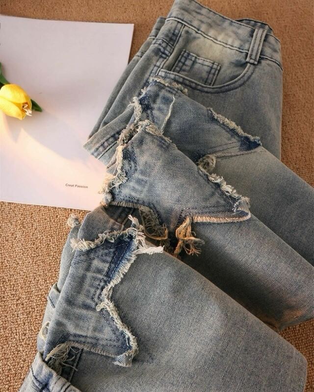 Y2k Pants Hip Hop Fashion Star Graphic Patch High Waisted Jeans Straight Retro Baggy Jeans Women New Wide Leg Mopping Streetwear