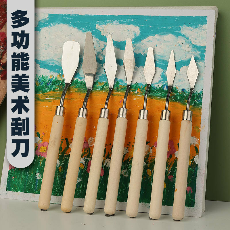 7 buah Spatula seni Cat lembut lukisan minyak pegangan kayu palet Set pisau Gouache warna pencampuran pisau pengikis perlengkapan seni Set