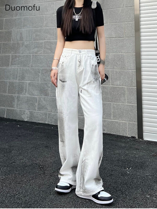 Duomofu กางเกงยีนส์สีขาวมัดย้อมสไตล์เกาหลี, กางเกงยีนส์ทรงหลวมสไตล์ฮิปปี้สำหรับผู้หญิงกางเกงยีนส์ฮาราจูกุเคป็อปกางเกงขายาวกว้าง