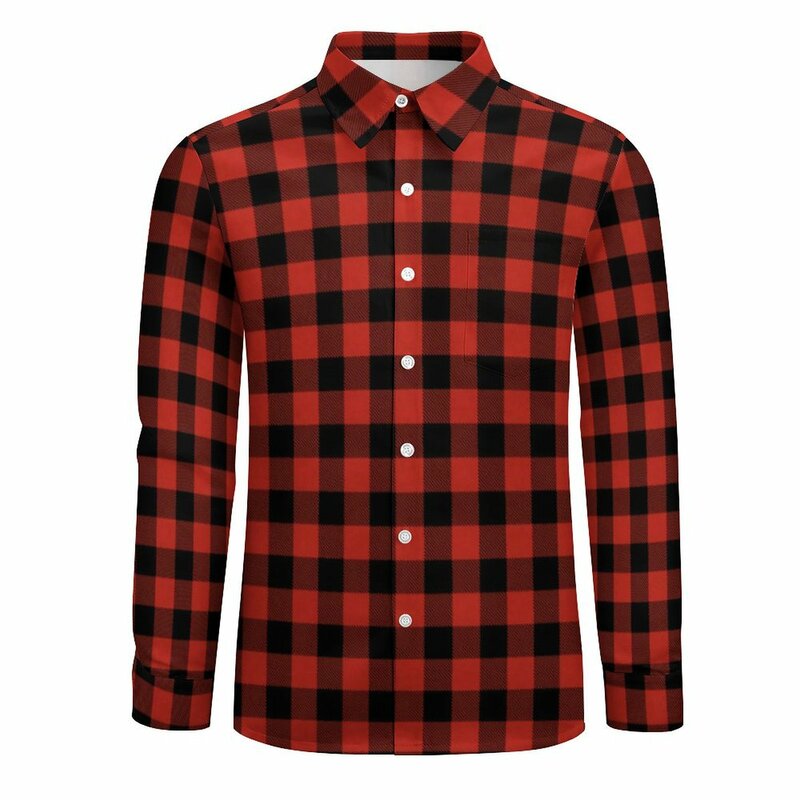 Red And Black Plaid Shirt Autumn Check Print Casual Shirts Men Trendy Blouse Long Sleeve Graphic Streetwear Clothing Big Size
