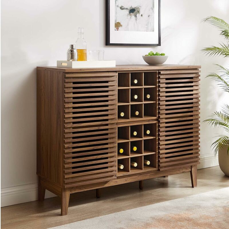Modern Wine Bar Cabinet in Walnut, Wood Farmhouse Buffet Cabinet, Bars & Wine Cabinets w/ Wine Rack for Liquor and Glasses