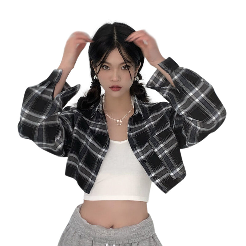 한국 스타일 여성 캐주얼 체크 무늬 턴다운 칼라 셔츠, 가을 용수철 여성스러운 긴팔, 루즈핏, 다목적 크롭 블라우스 셔츠