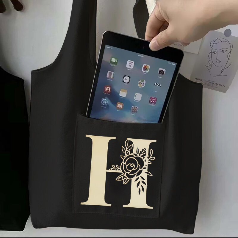 Gold Letter Simple Print Shopping Black Bags Canvas Tote Bag Printed Cartoon Reusable Cloth Bag Handbag Shoulder Bags