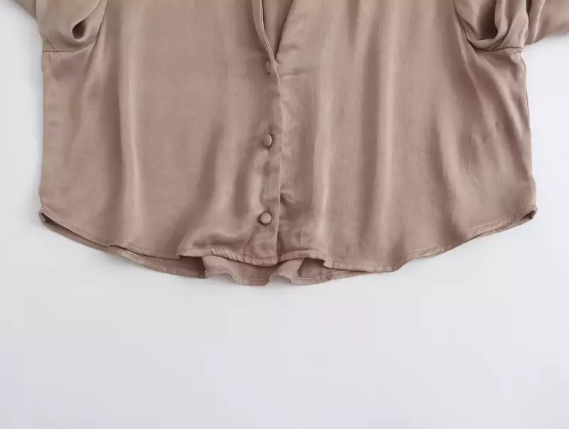 Frauen neue Mode Satin Textur abgeschnitten Revers schlanke Blusen Vintage Langarm Button-up weibliche Hemden schicke Tops