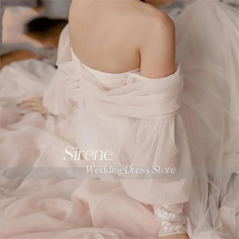 Koronka księżniczki aplikacje z sireny tiulowa suknia ślubna długi bufiasty rękaw z dekoltem w kształcie litery 2024 a-line suknia ślubna z dekoltem