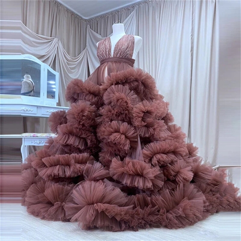 Puffy Ruffled Maternity Tulle Robes Plus Size Sexy V-Neck Sleeveless Big Rulffles Pregnancy Photo Shoot Dresses Women Real Image
