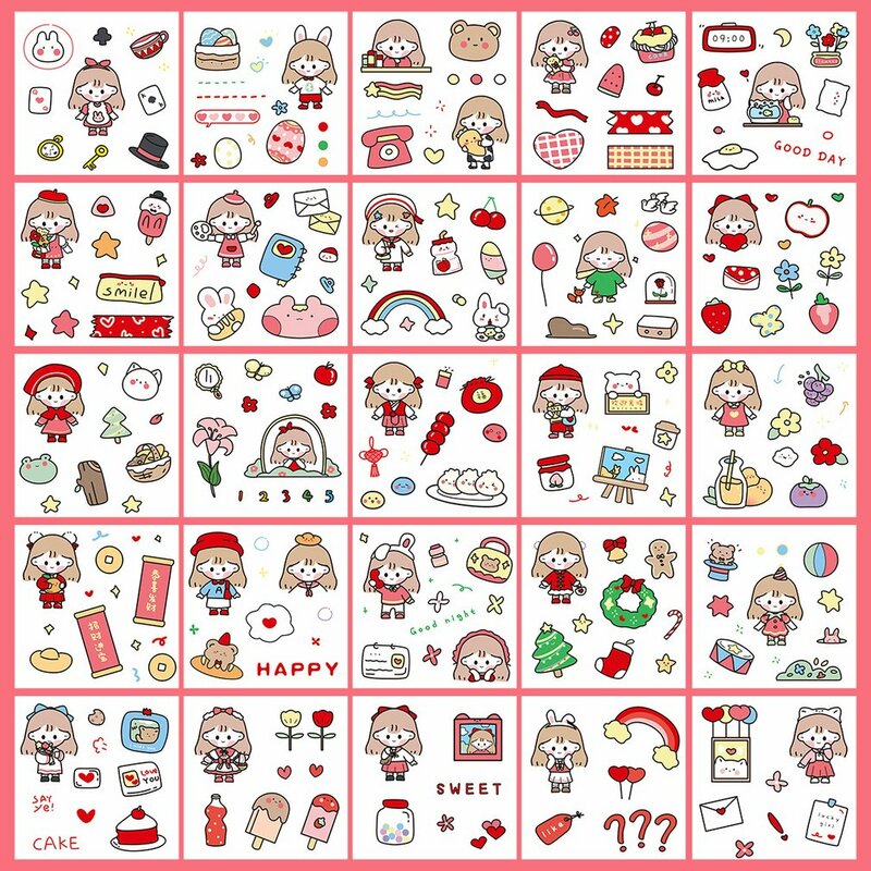 Cute Cartoon Handbook Sticker, Papelaria Adesivo, Impermeável, Ins Style, Cute Gift Box, Kawaii Washi, Novo, 100Pcs Set