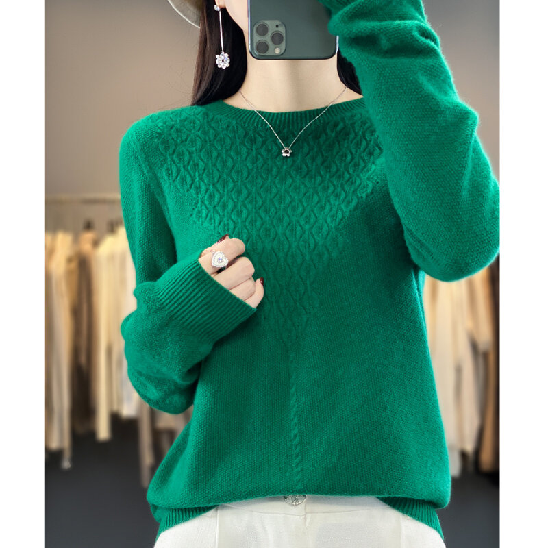 여성 자카드 라운드넥 풀오버 스웨터, 100% 스웨터, 심리스 보터밍 스웨터, 1 라인 기성복, 가을 겨울 신상