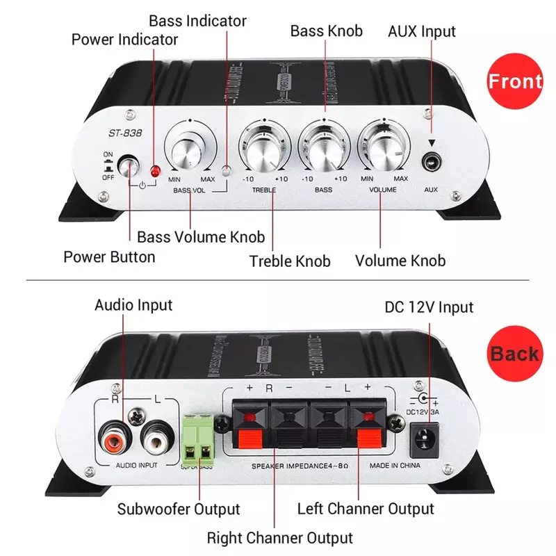 ST-838 HiFi 2.1 canali amplificatore di potenza Stereo Bass Sound Amp RMS 20 wx2 + 40W classe D Mini Media Player MP3 Car Black Home Amp