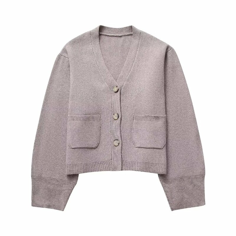 Women 2023 New Fashion Pocket decoration Cropped V Neck Knitted Coat Vintage Long Sleeve Button-up Female Outerwear Chic Tops