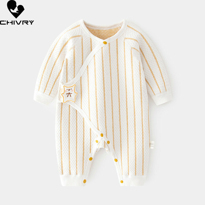 New Spring Newborn Baby Boys Girls Cotton Rompers Long Sleeve Button Cartoon Striped Jumpsuit Toddler Playsuit Infant Clothing