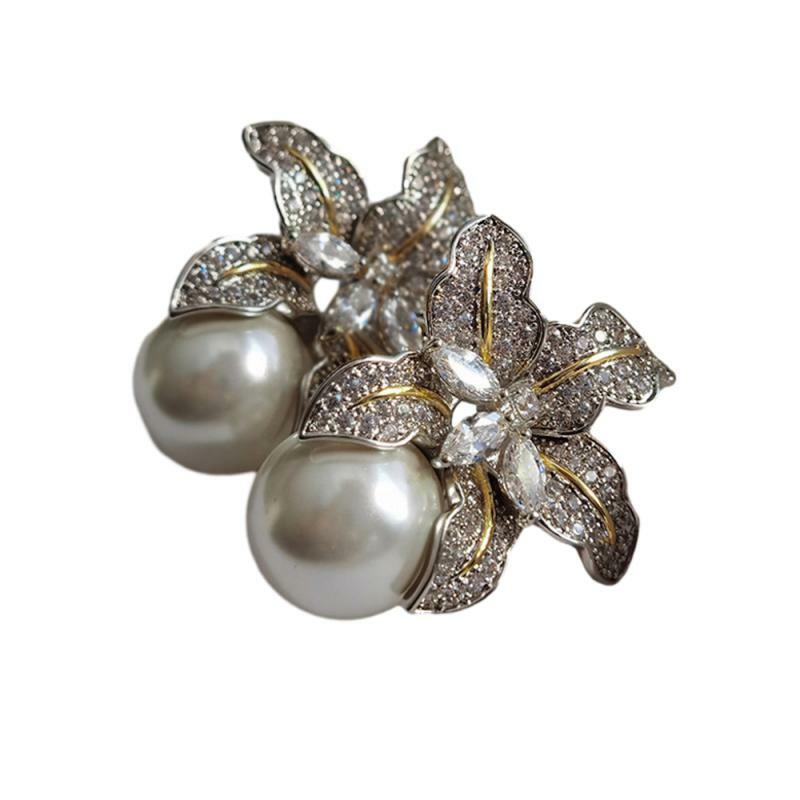 1~20PCS Huitan Gorgeous Flower Imitation Pearl Earrings Women Luxury Inlaid Sparkling CZ Stone Fashion Wedding Jewelry Wholesale