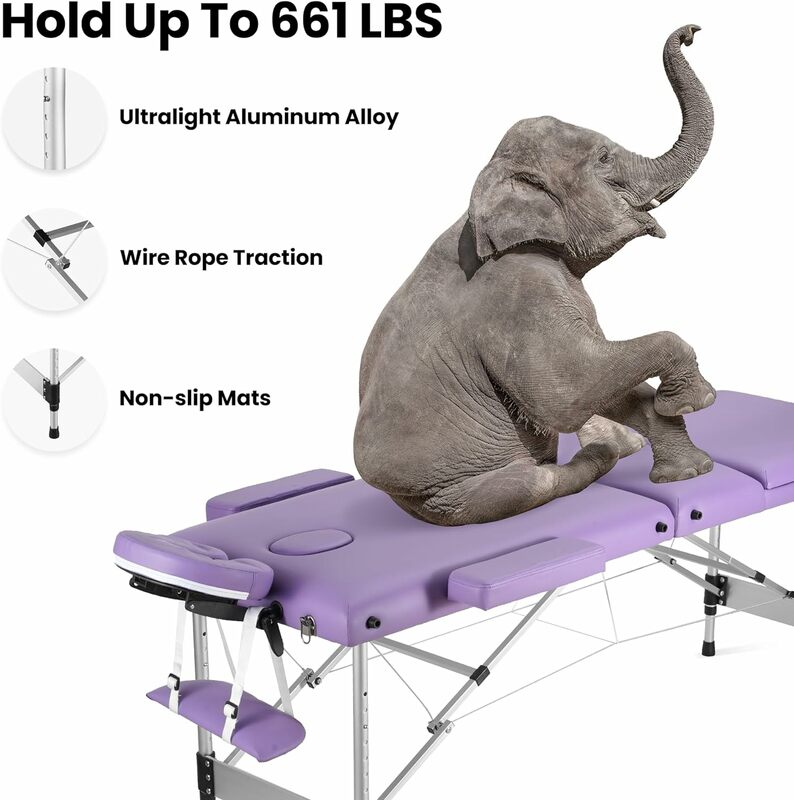 Przenośny stół do masażu Careboda ulepszona gąbka o grubości 2 cali, aluminiowa łóżko do masażu z regulacją wysokości, z zagłówkiem, podłokietnikami i samochodem