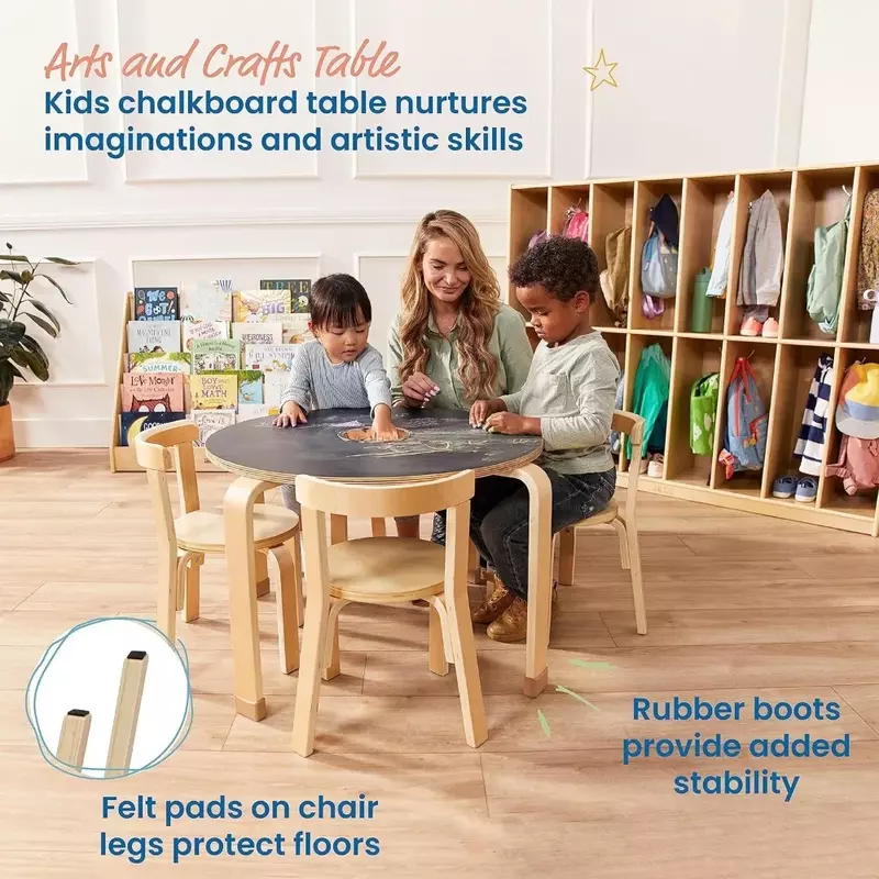 Conjunto de mesa e cadeira infantil, mobiliário infantil, cor natural, conjunto de 5