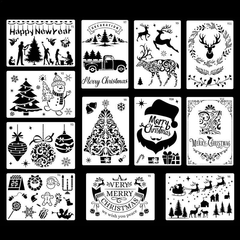 Plantillas de pintura navideña, plantilla para hacer tarjetas, decoración artesanal de vacaciones de invierno, 12 piezas