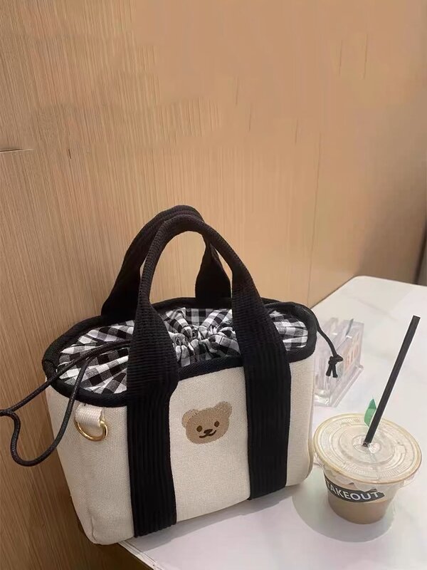 New Trend Drawstring Handbag Embroidered Bear Canvas Bag Small Cute Bags for Women